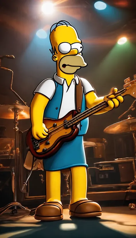 cafe shop，The Simpsons，Homer Simpson plays bass，homer simpson，dramatic lights，Dramatic colors，On stage，One guy，Play bass，The whole body of the character