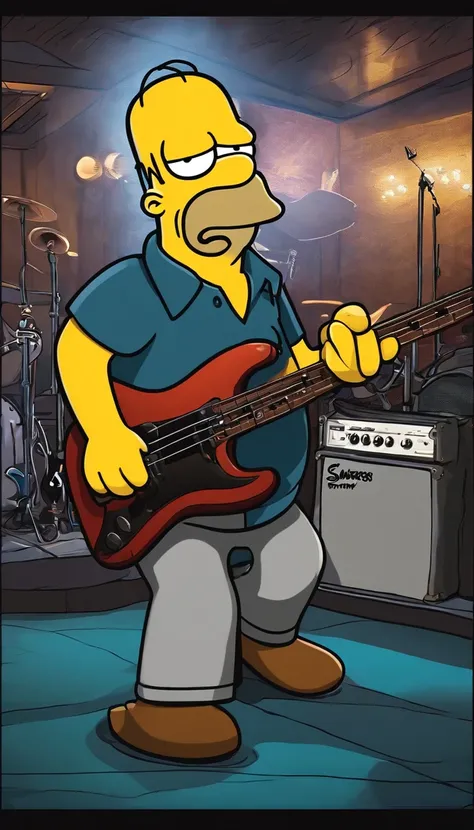 cafe shop，The Simpsons，Homer Simpson plays bass，homer simpson，dramatic lights，Dramatic colors，On stage，One guy，Play bass，The whole body of the character