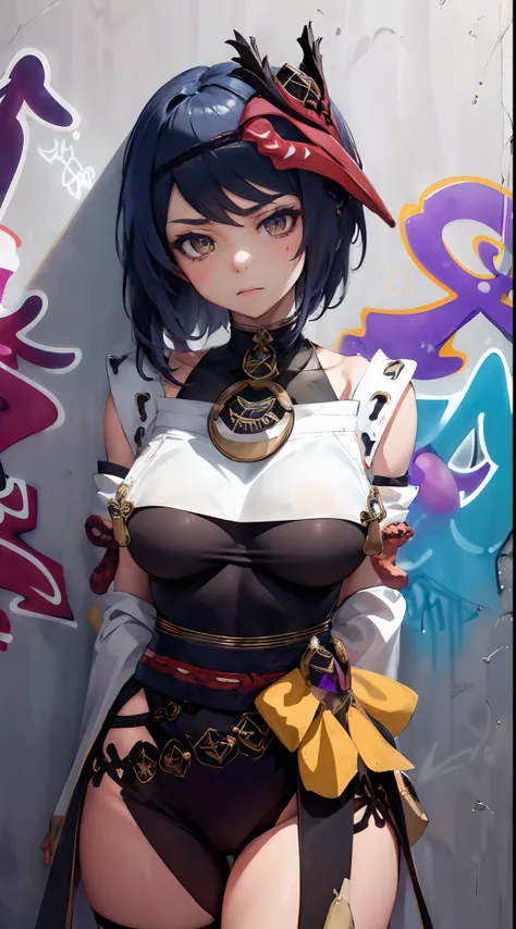 Kujou Sara Genshin Effect, masterpiece, bestquality, 1girls, oversized breasts, bara, choker, (Graffiti:1.5), Splash with purple lightning pattern., arm behind back, against wall, View viewers from the front., Thigh strap, Head tilt, bored, water eyes,