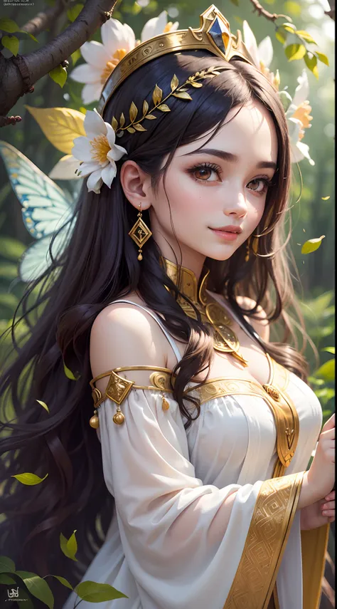 Generate a high-quality image depicting a yellow-eyed black priestess with a subtle smile on her lips. Her hair is straight and light brown, with lips adorned by a rosé lipstick. She is dressed in a white tunic that features gold details, e essa vestimenta...