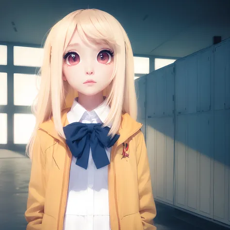 1girl, solo, blonde hair, red eyes, yellow jacket, white uniform,