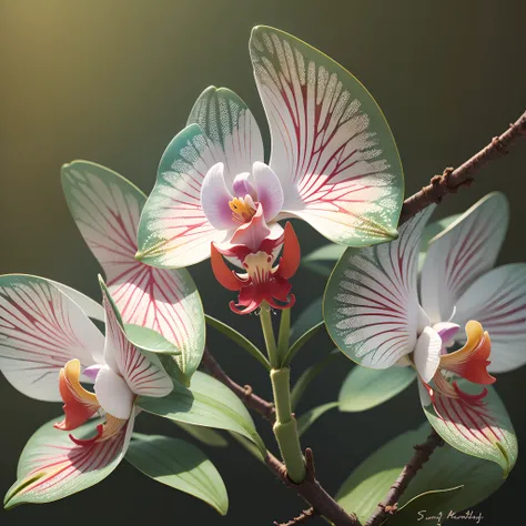 Close-up of 3 turquoise flowers ,The back has many types of orchids of different colors, blur the background , Sharp foreground , 8k, Natural reality rendering, Rendering with Povray, hoa lan xanh, Highly detailed rendering, Surreal details drawn, hoa lan,...