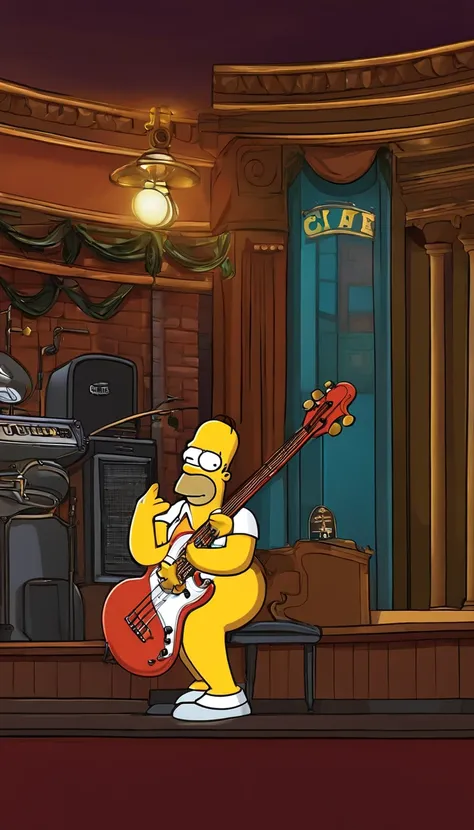 cafe shop，The Simpsons，Homer Simpson plays bass，homer simpson，dramatic lights，Dramatic colors，On stage，One guy，Play bass，The whole body of the character