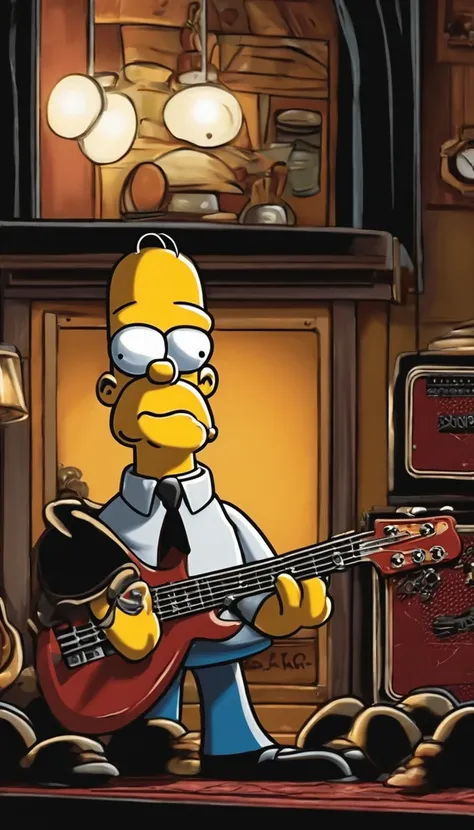 cafe shop，The Simpsons，Homer Simpson plays bass，homer simpson，dramatic lights，Dramatic colors，On stage，One guy，Play bass，The whole body of the character