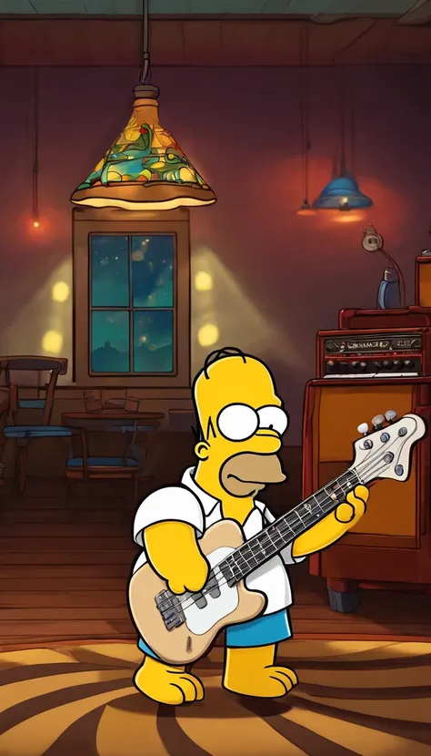 cafe shop，The Simpsons，Homer Simpson plays bass，homer simpson，dramatic lights，Dramatic colors，On stage，One guy，Play bass，The whole body of the character