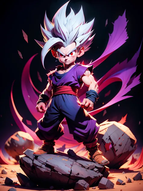 masterpiece, best quality, ultra-detailed, Adult Gohan 1boy, solo, Full body, evil smile, grey hair, spiked hair, (((red eyes))), (((perfect eyes))), (((PURPLE dougi))), full body, looking at viewer, male focus, earth (planet), planet, space, cracked groun...