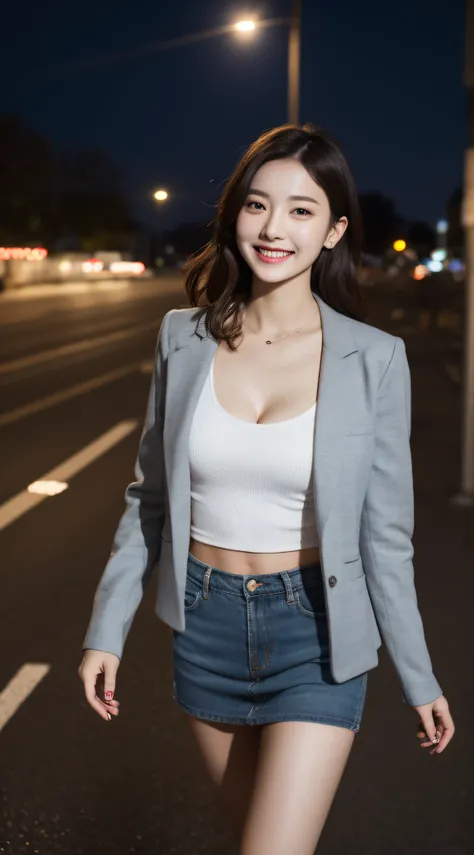 (8k, best quality, masterpiece:1,2), (realistic, photo-realistic:1,37), top quality, masterpiece, a beautiful woman, wearing a shirt for women crop v neck top white t-shirt korean fashion women t with a tight open gray color jacket, beautiful and toned bod...