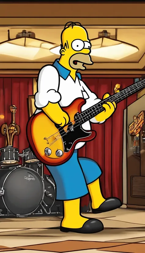 cafe shop，The Simpsons，Homer Simpson plays bass，homer simpson，dramatic lights，Dramatic colors，On stage，One guy，Play bass，The whole body of the character