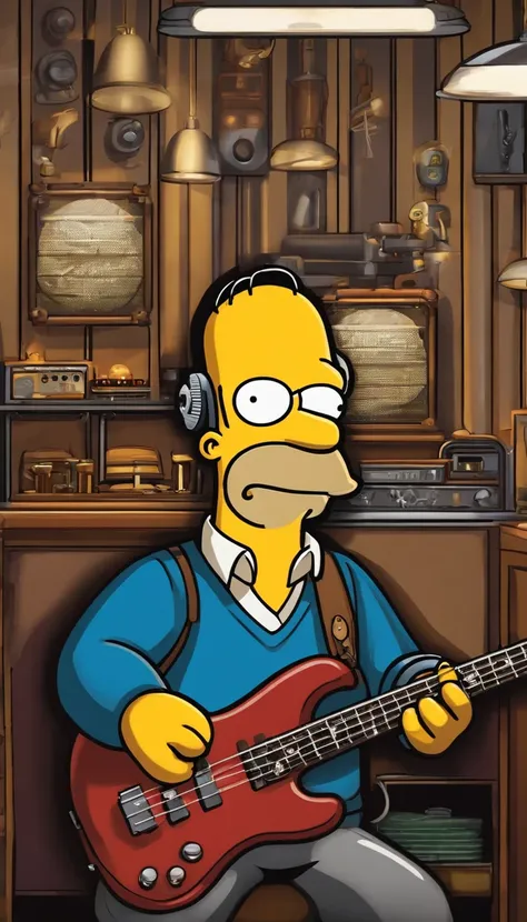 cafe shop，The Simpsons，Homer Simpson plays bass，homer simpson，dramatic lights，Dramatic colors，On stage，One guy，Play bass，The whole body of the character