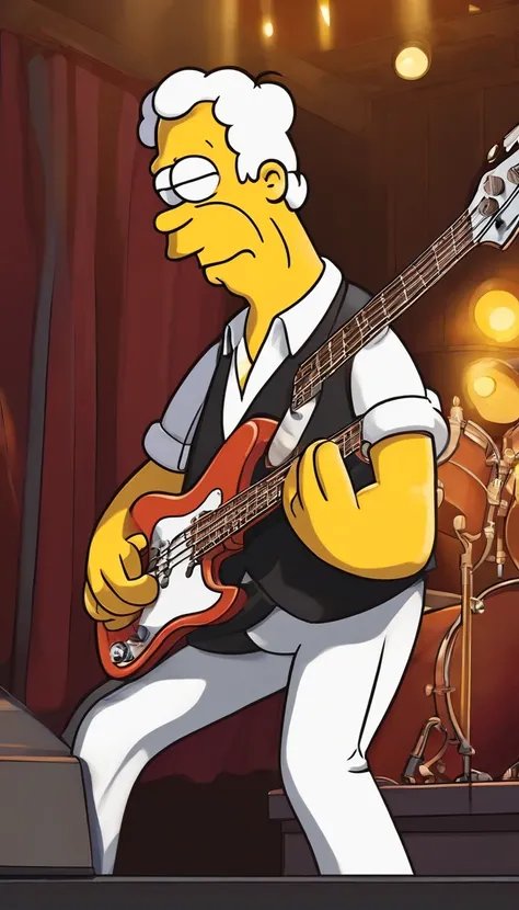 cafe shop，The Simpsons，Homer Simpson plays bass，homer simpson，dramatic lights，Dramatic colors，On stage，One guy，Play bass，The whole body of the character