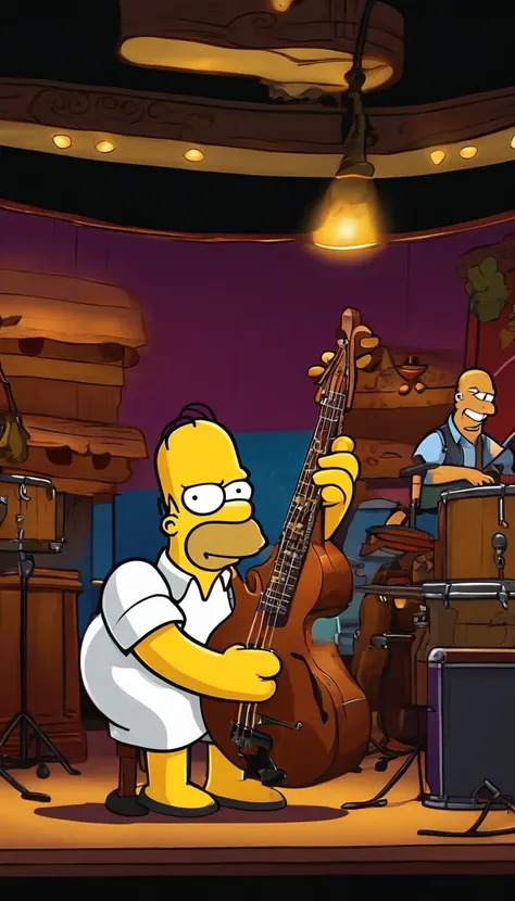 cafe shop，The Simpsons，Homer Simpson plays bass，homer simpson，dramatic lights，Dramatic colors，On stage，One guy，Play bass，The whole body of the character