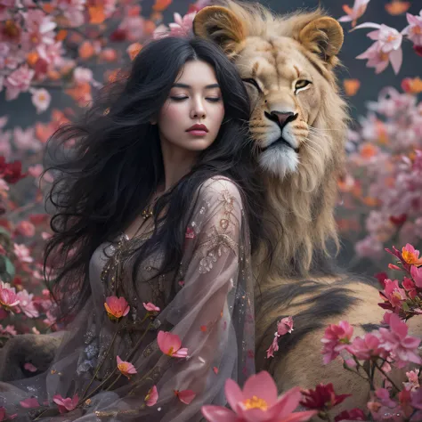 golden sleepy lion 32k（tmasterpiece，k hd，hyper hd，32k）long flowing black hair，ponds，zydink， a color，sleepy lion （sleepy lion）， （...