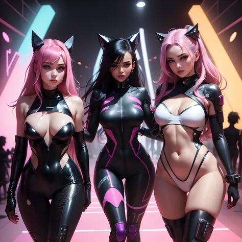 Set in a vibrant futuristic world. Brilliant neon lights paint the backdrop. Cyberpunk girls strut the runway showcasing their exquisite curves. Their metallic couture gleams, reflecting hues of electrifying pinks, vivid purples, and luminescent blues. Bod...