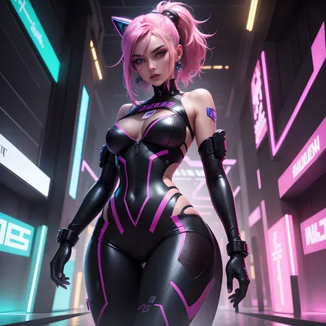 Set in a vibrant futuristic world. Brilliant neon lights paint the backdrop. Cyberpunk girls strut the runway showcasing their exquisite curves. Their metallic couture gleams, reflecting hues of electrifying pinks, vivid purples, and luminescent blues. Bod...