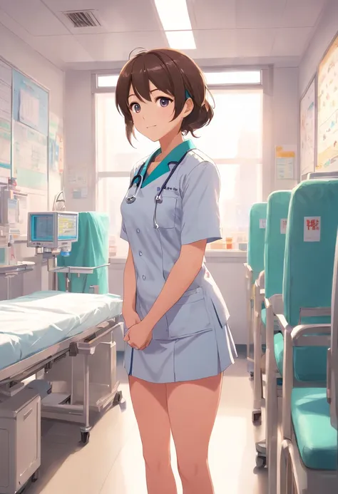 1 girl, nurse, wearing nurse uniform, female, miniskirt, beautiful detailed eyes, beautiful detailed lips, caring smile, medical tools, white sneakers, stethoscope, medical mask, patients chart, bright and clean hospital room, professional medical setting,...