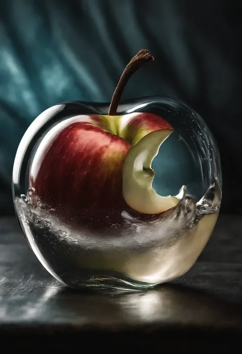 lovely double exposure image by blending together a stormy sea and a glass apple. The sea should serve as the underlying backdrop, with its details subtly incorporated into the glossy glass apple, sharp focus, double exposure, glossy glass apple, (transluc...