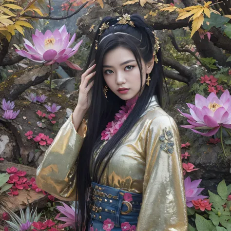 Gold backstop 32K（tmasterpiece，k hd，hyper HD，32K）Long flowing black hair，ponds，zydink， a color， Aozhou people （Concubine girl）， （Purple silk scarf）， Combat posture， looking at the ground， long whitr hair， Floating hair， Carp pattern headdress， Chinese long...