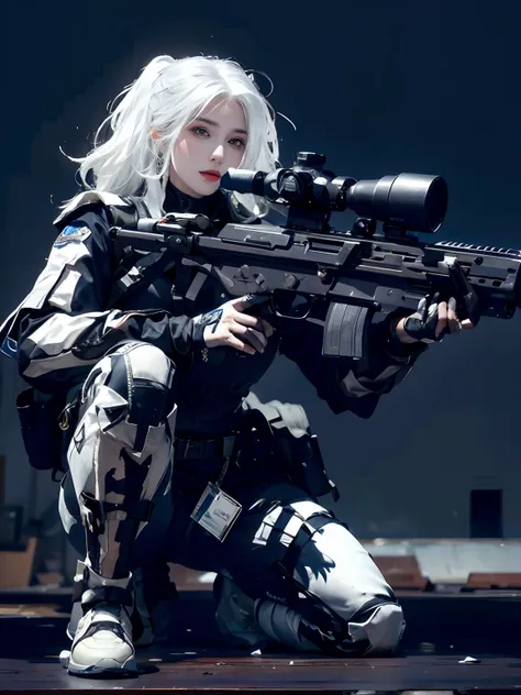 Photorealistic, high resolution, 1womanl, Solo, Hips up, view the viewer, (Detailed face), White hair, SWAT vests, Gun, jewelry