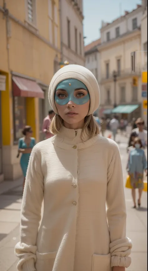 8k portrait of a 1960s science fiction film by Wes Anderson, em 1960, pastels colors, There are people wearing weird futuristic masks and wearing extravagant retro fashion outfits and men and women wearing alien makeup and old ornaments with mechanical pet...