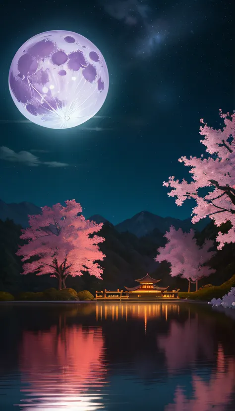 in the middle of a lake, Open lake，The background is the full moon in the center, reflection on the lake，The starry sky is dense，The cherry blossom trees on both sides are arranged symmetrically，Near the banks of the river，A parked car，On the side sat a fa...