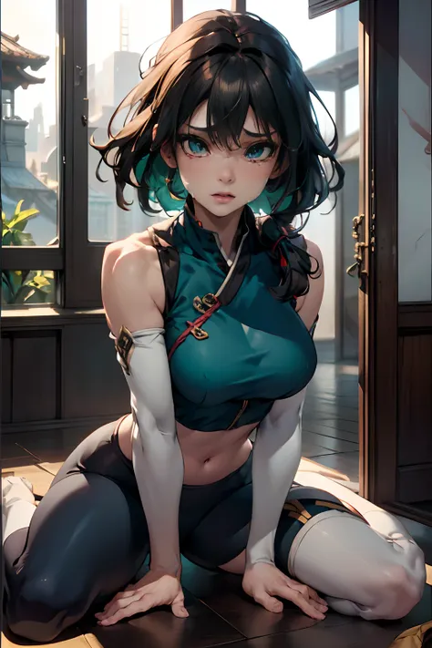 1girl, detailed, solo, depth of field, dojo, inside, kung fu outfit, gauntlets, ((hands on floor)), between legs, messy hair, gradient eyes, midriff, sobbing, (streaming tears), blue highlights, green undertone, orange highlights, (masterpiece), best quali...