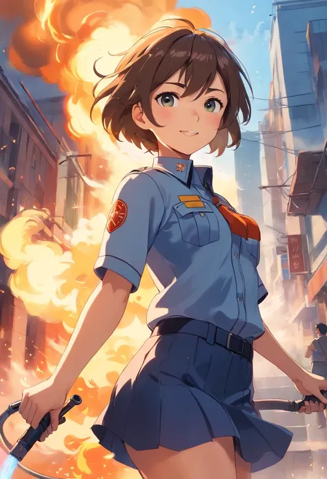 (best quality,ultra-detailed),1 girl, firefighter, wearing firefighter uniform, female, miniskirt, beautiful detailed eyes, beautiful detailed lips, smile, intense expression, confident, standing tall, fire hose in hand, flames in the background, dynamic p...