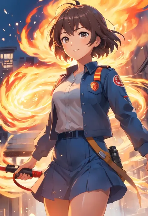 (best quality,ultra-detailed),1 girl, firefighter, wearing firefighter uniform, female, miniskirt, beautiful detailed eyes, beautiful detailed lips, smile, intense expression, confident, standing tall, fire hose in hand, flames in the background, dynamic p...