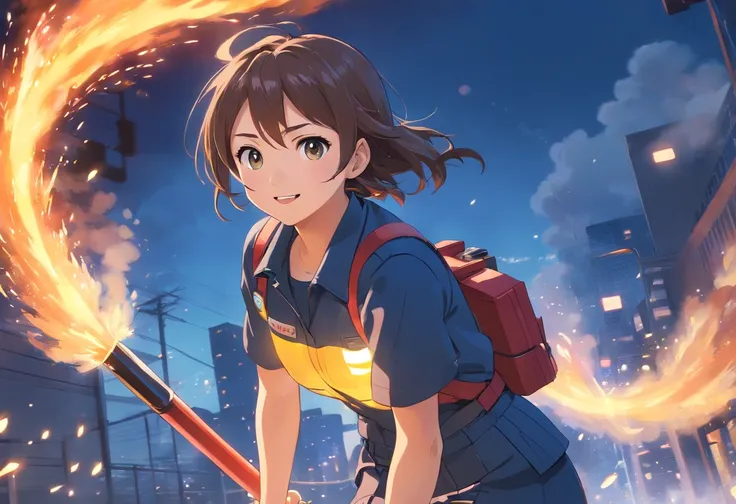 (best quality,ultra-detailed),1 girl, firefighter, wearing firefighter uniform, female, miniskirt, beautiful detailed eyes, beautiful detailed lips, smile, intense expression, confident, standing tall, fire hose in hand, flames in the background, dynamic p...