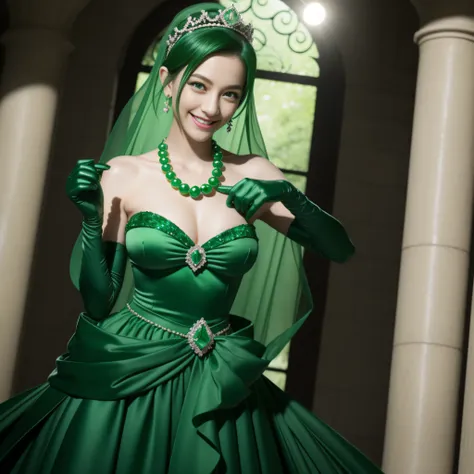 emerald tiara, Green Pearl Necklace, Boyish very short black hair, lipsticks, Japan woman smiling, very short short hair, big breasts beautiful, Green eyes, Long green gloves made of satin material, Green eyes, Emerald earrings