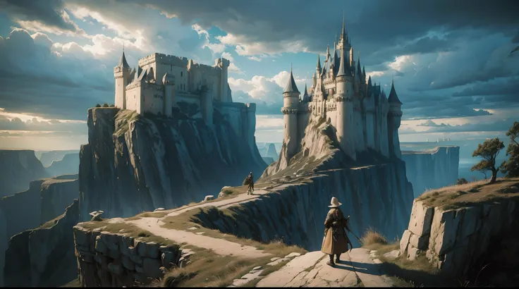 cliffs and canyons made of castles, intricate, adventure, sky is blocked by tall castles, surreal, gritty, atmospheric, cinematic, stylized, contrast, eerie, fantasy, medieval, highly detailed. Castles on the horizon. a thousand castles.