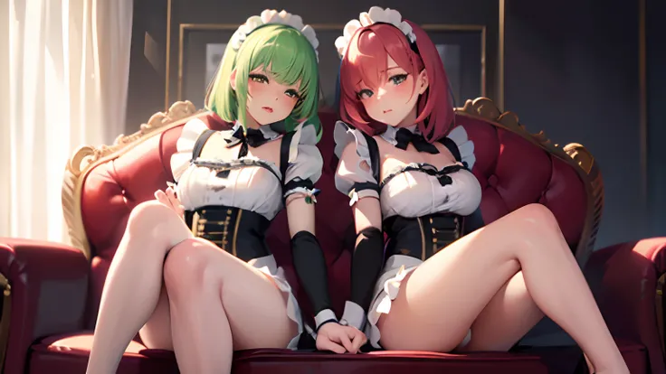 masterpiece, lots of detail, 4k, 8k, ((ultra-detailed)), highres, soft lighting, 2girls, maid outfit, couch, mouth open, blush, green hair|red hair}, {curvy|petite}, hand on crotch, fingering