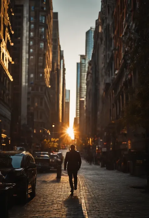 Man standing in front of beautiful city in the afternoon, sunset light, reflection light, cyberpunk