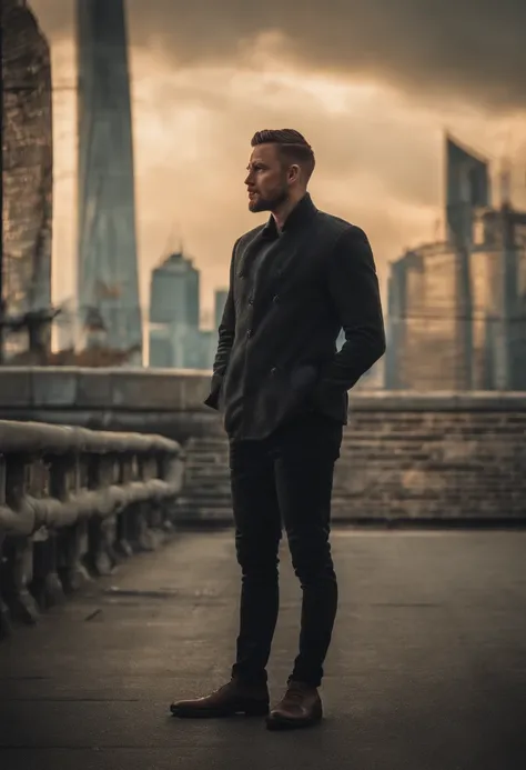 Man standing in front of beautiful city in the afternoon, sunset light, reflection light, cyberpunk