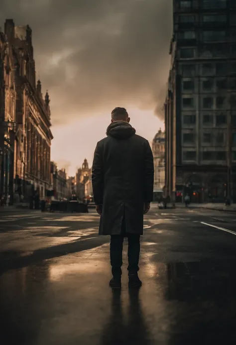 Man standing in front of beautiful city in the afternoon, sunset light, reflection light, cyberpunk