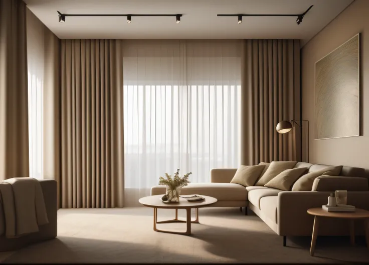 room, thick curtains, photo, deep beige, interior, modern, (angled), (masterpiece),(high quality), best quality, real, (realistic), super detailed, (full detail),(4k),8k