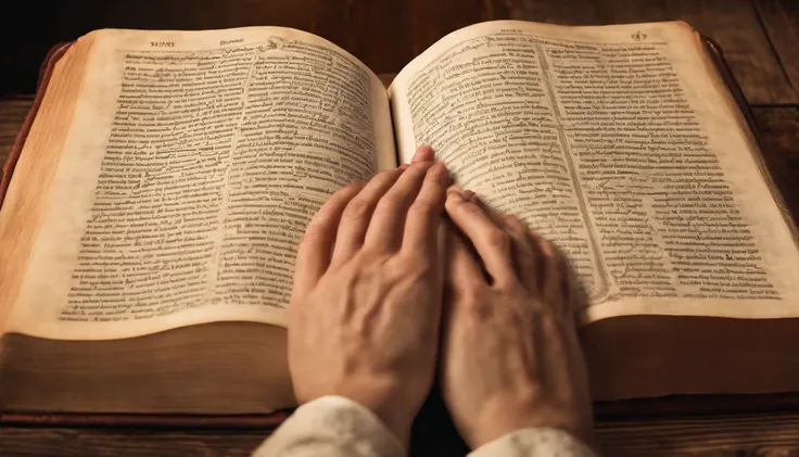 an open Bible on a table, with TWO HANDS CLOSED IN PRAYER RESTING ON THE BIBLE