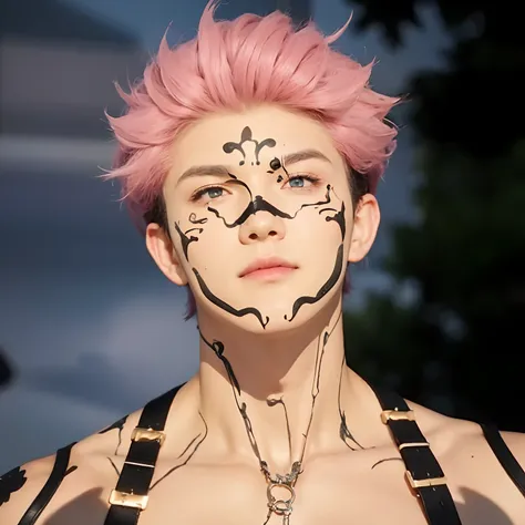 Real life adaption of this character, handsome face,realistic outfit,detailed eyes,realistic black and pink hair,realistic background,hyper realistic,realism,realistic light, realistic shadow,(photorealistic:1.2), looking to viewer,muscular body,