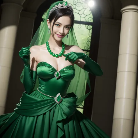 emerald tiara, Green Pearl Necklace, Boyish very short black hair, lipsticks, Japan woman smiling, very short short hair, big breasts beautiful, Green eyes, Long green gloves made of satin material, Green eyes, Emerald Earrings