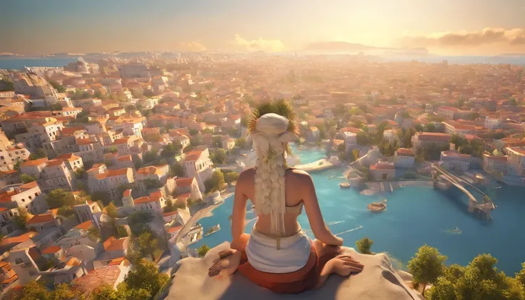 greek myth, mito, (Full body lens: 1.0), Dutch angle, Back to back, 1 female, full bodyesbian, Background of flying European city in the sky, ultra-wide-angle, High-altitude overlooking, Perspective