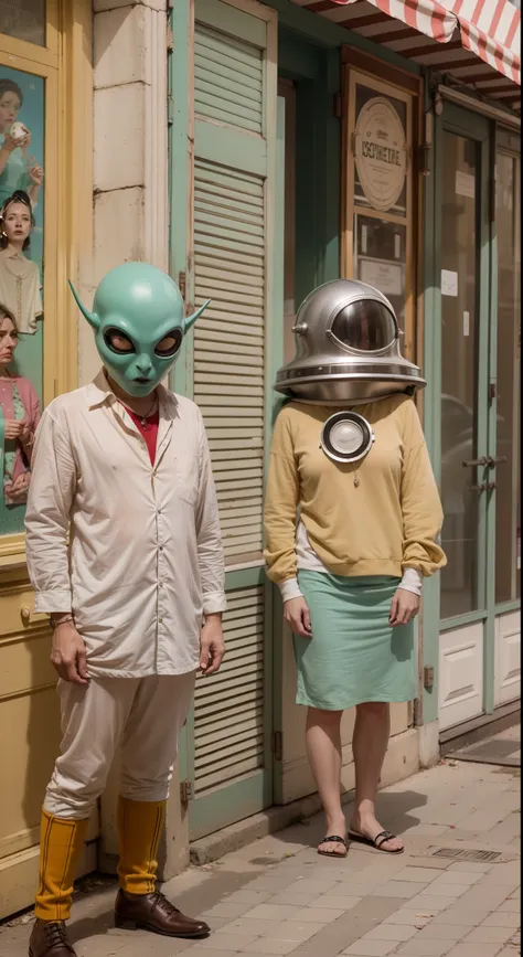 8k portrait of a 1960s science fiction film by Wes Anderson, em 1960, pastels colors, There are people wearing weird futuristic masks and wearing extravagant retro fashion outfits and men and women wearing alien makeup and old ornaments with mechanical pet...