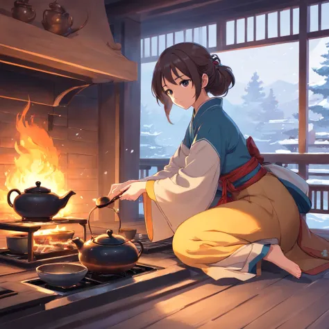 Snowy days，In the Lake Pavilion，Anime girl in Hanfu standing next to a teapot, Boiling a teapot over a charcoal fire on the stove, Side Body，stove，charcoal fire，