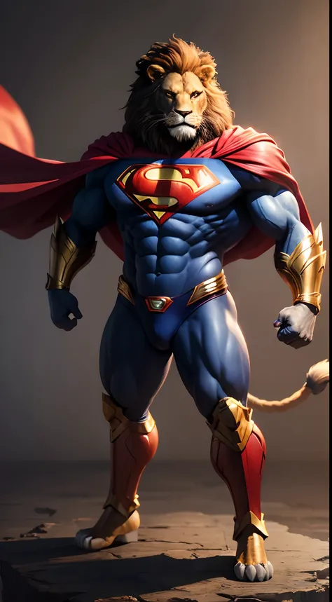 Full body potrait, a humanoid lion-hero superman (dc heroes), male, have a tail, have a claws, foot like a lion foot, real detailed lion face, have a cape, profesional photo shoot, high detailed, ultra hd image, realistic