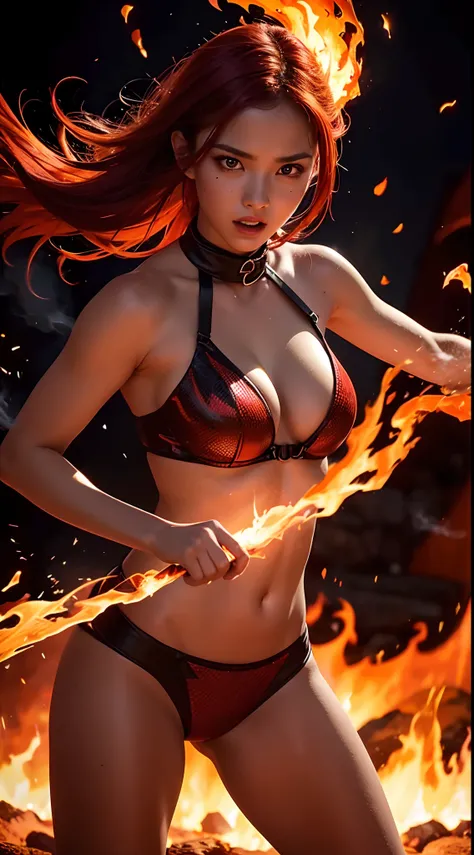 Girl playing with fire, ablaze with intensity, Glowing embers, Swirling smoke, Mesmerizing action, Flowing red hair, sparks flying, Fearless expression, Dark background, Intense lighting, Fiery atmosphere, dynamicposes, Dangerous beauty, Fascinating energy...