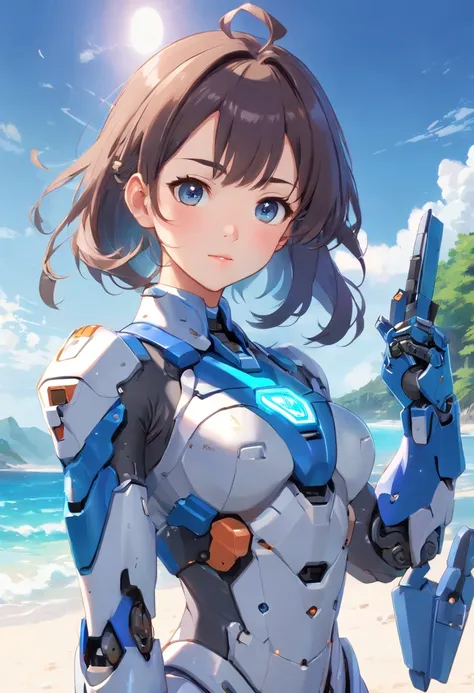 (((1mecha girl:1.3, solo))), (a bust shot of extremely pretty and beautiful milf:1.3), (22 years old: 1.1), (close bust image:1.5)), (sexy model standing pose:1.3), (arms up on head:1.3), view viewer, (Da Nang, Vietnam), (Da Nang Resort Beach:1.3), (front ...