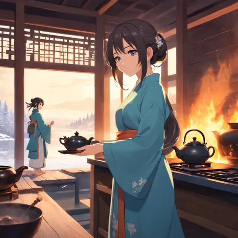 Snowy days，In the Lake Pavilion，Girl in Hanfu standing next to the teapot, Boiling a teapot over a charcoal fire on the stove