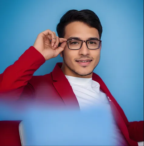 there is a man wearing glasses with original Face shape and a red shirt, professional picture, professional profile picture, mohamed chahin, victor maristane, andres rios, portait photo profile picture, Beautiful background, markiplier, headshot profile pi...