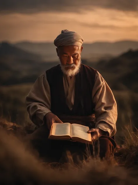 (Biblical times) On the left of the picture is an old man，Asian people，Holding a glowing book in his hand, To the right of the image is a terrifying demon (Biblical times) depth of fields, Bokeh, hentail realism, Fotorrealista, ultra-realistic realism, pro...