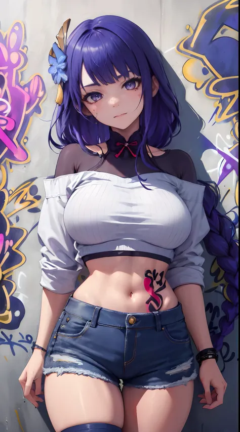 Kujou Sara Genshin Effect, masterpiece, bestquality, 1girls, bara, crop top, shorts jeans, choker, (Graffiti:1.5), color splashes, arm behind back, against wall, looking at the audience, bracelet, Thigh strap, Head tilt, bored, multicolored hair, water eye...