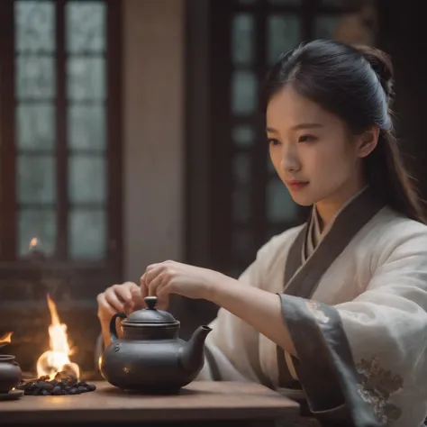 Snowy days，In the Lake Pavilion，Girl in Hanfu standing next to the teapot, Boiling a teapot over a charcoal fire on the stove