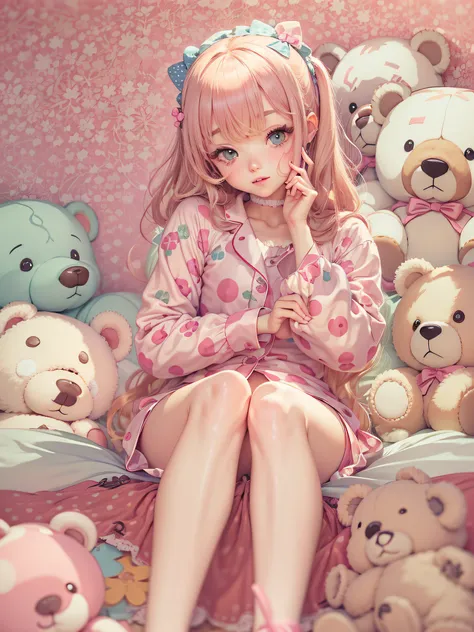 cute 18 year old girl dressed in polka dot pajamas, in a pink room full of teddy bears, anime style image